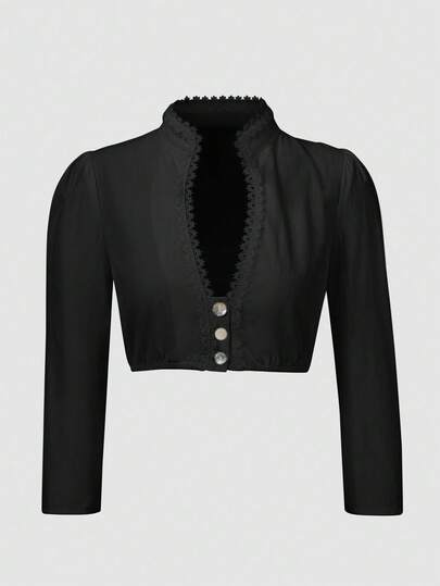 Fairmaia Women's Traditional German Style Solid Color Lace Patchwork Long Sleeve Fashionable Top