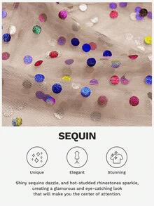 SHEIN LUNE 大码女式彩色亮片圆领短袖黑色网眼透视波西米亚节日上衣 - 卡其色 - 查看 6
