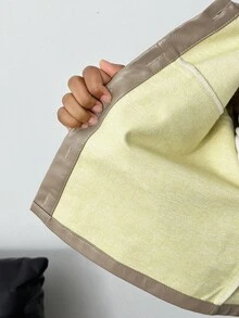 SHEIN Tween Girl Casual Lapel Pocket Metal Button Front PU Short Jacket Fall Winter - Khaki - View 6