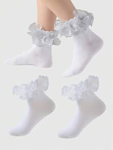ROMWE Kawaii Women's Fashionable Mid-Calf Socks With Hollow Ruffled Design - Silver white - View 1