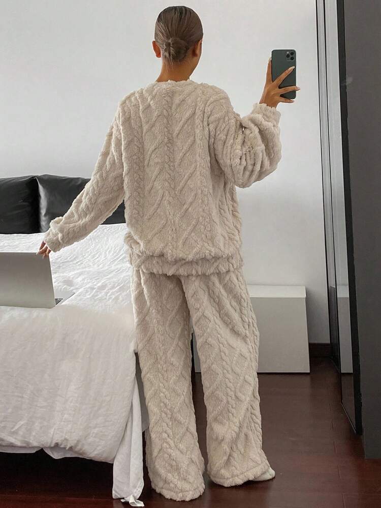 Women's Textured Fleece Thick Loose Fit Fluffy Pajama Set, Fall Winter Clothes, Cozy Outfit