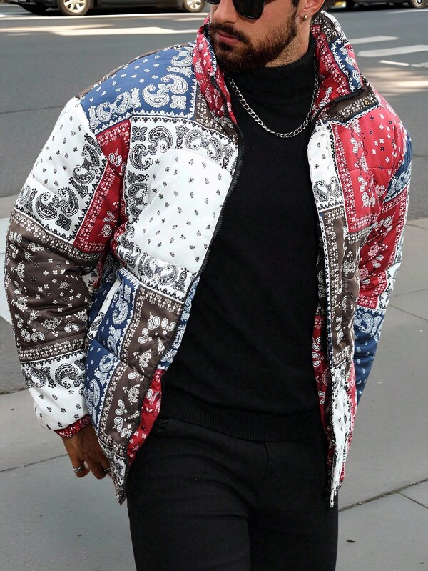 Manfinity CasualCool Men's Fashionable Contrast Color Cashew Flower Print Coat, Winter Men Paisley Puffer Coat, Fall