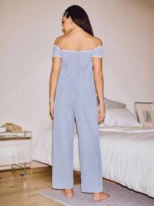 SHEIN 2 件套棉质条纹舒适蕾丝露肩睡衣套装，适合女士，INS 休闲 Y2K 简约时尚，秋季 - 藍白色 - 查看 4
