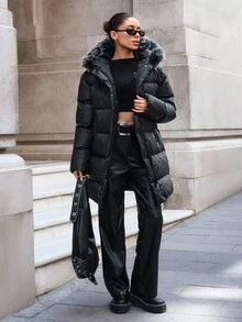 SHEIN Solid Long Sleeves Casual Button Up Hooded Padded Coat Winter