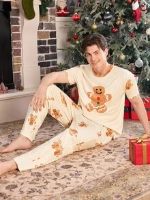CoupledUp Gingerbread Man Print Contrast Color Pullover Short Sleeve Pajama Set,Men Couple Matching Christmas Pjs,Rainbow,Summer,Cute,Lounge Pajamas - Multicolor - View 7
