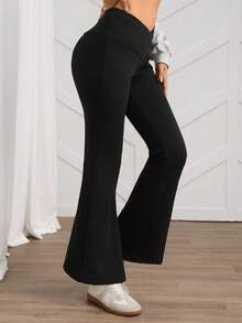SHEIN LUNE Leggings ajustados con vuelo y forro térmico para mujer, cintura en V, color negro de moda - Negro - Ver 5