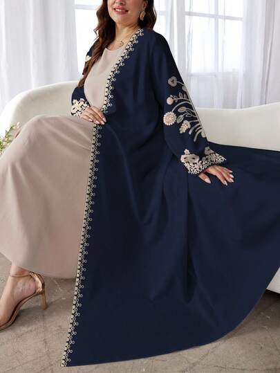 SHEIN Najma 大码女式花卉复古印花长袖休闲阿拉伯长袍，适合春秋季节
