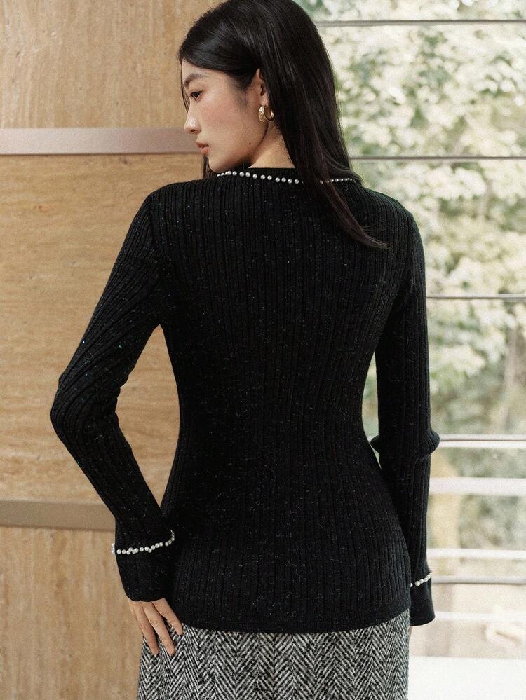 Women's Elegant Pearl Decor Loose Fit Casual Business Knit Sweater, Autumn/Winter
