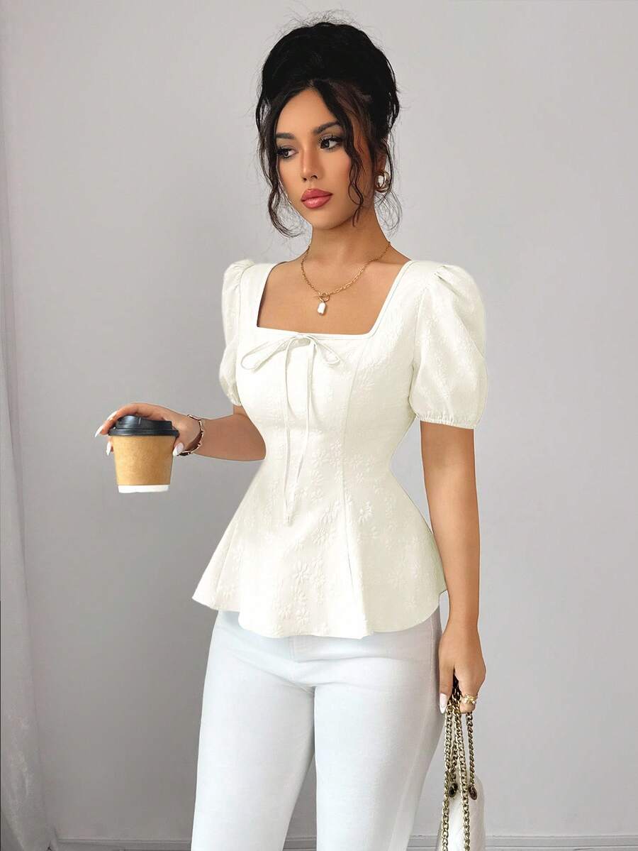 Elenzga 新款时尚百搭法式蝴蝶结灯笼袖优雅提花面料女式衬衫 - 杏色 - 查看 1