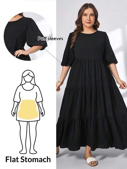 SHEIN Essnce Plus-Size Women's Black Dress, Cute Dress, Super Loose Long Dress, Festive Dress,Beach Vacation Outfits Concert Outfits Summer Outfits For Women,Summer Dresses For Women Spring Outfits For Women,Concert Outfit Women Easter Dress Women,Maternity Dress For Photoshoot Festival Outfits For Women Modest Dresses For Women