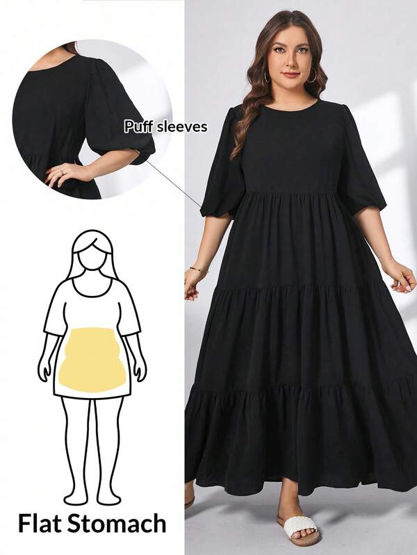 SHEIN Essnce Plus-Size Women's Black Dress, Cute Dress, Super Loose Long Dress, Festive Dress,Beach Vacation Outfits Concert Outfits Summer Outfits For Women,Summer Dresses For Women Spring Outfits For Women,Concert Outfit Women Easter Dress Women,Maternity Dress For Photoshoot Festival Outfits For Women Modest Dresses For Women