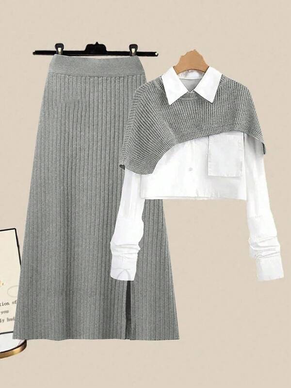 GlowEve Women's Color Block Long Sleeve Top And Solid Color Skirt Sweater Set