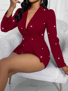 Xyvia Handmade Beaded Split Design Women Long Sleeve Jacket And Shorts Elegant Suit Set - Burgundy - View 3