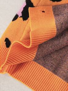 Sparklyn 女童豹纹提花针织开衫，秋冬时尚单品 - 亮橙色 - 查看 6