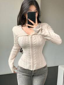 DAZY 女士超大领口开衫、短款休闲针织毛衣 - 杏色 - 查看 1