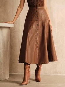 Anewsta Falda acampanada con pliegues nueva para mujer, elegante estilo callejero para conciertos - Caqui - Ver 4