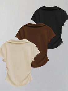 SHEIN 3 buah Kaos Polo Kasual Warna Polos Model Slim Fit, Cocok untuk Pemakaian Sehari-hari - Hitam - View 2