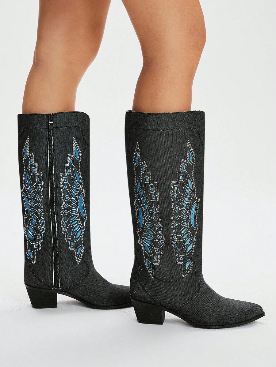 Styleloop Botas de tacón grueso con punta puntiaguda, con cremallera, decoradas con bordados y tachuelas, adecuadas para festivales, exteriores, festivales de música, Halloween, Navidad y fiestas