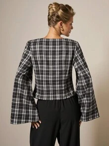 COSMINA Women's Elegant V-Neck Bowknot Decor Bell Sleeve Plaid T-Shirt, Autumn/Winter - Black - View 2