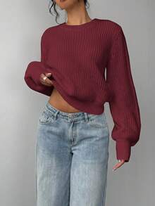 SHEIN BASICS 女士休闲纯色灯笼袖毛衣，秋冬 - 酒紅色 - 查看 3