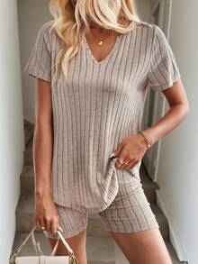 Easowa Conjunto De Dos Piezas De Punto Acanalado De Color Sólido Para Mujeres - Albaricoque - Ver 3