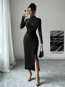 Modelyn 女式斑马条纹立领长袖侧开衩下摆扭腰修身连衣裙，带烫金印花，优雅晚会礼服，女士优雅开叉，开叉大腿，扭纹长袖立领修身长款黑色常规袖图案修身女式长裙，春/秋，休闲日常穿着超长女装长款晚礼服 - 銀色 - 查看 6