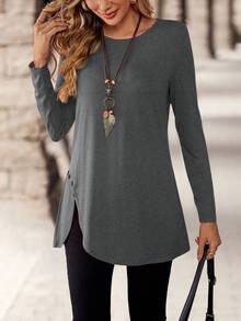 EMERY ROSE Áo thun nữ tay dài cổ tròn trơn màu đơn giản - Màu xám đen - Xem 5