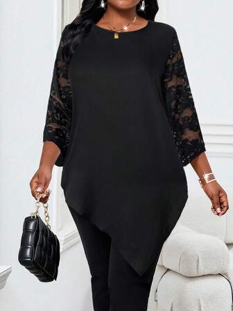 SHEIN Lady 2025 New Black Plus Size Women's Solid Metallic Round Neck 3/4 Sleeve Loose Asymmetric Hem Elegant Shirt Women's Lace Ruffle Sleeve Women's Long Sleeve Dress Valentine's Day New Year Party Women's Thanksgiving Shirt New Year's Eve Dress Holiday Autumn Winter Clothes Going Out Outfit Chic Women's Shirt Halloween Costumes  Christmas Costumes