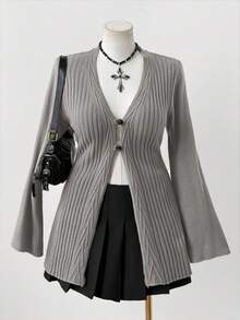 Sunspun 加大码女式波西米亚风格纽扣前针织开衫，适合所有季节，是度假装的理想选择 - 灰色 - 查看 5