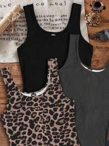 SHEIN EZwear 3 件纯色百搭豹纹吊带背心，适合夏季 - 彩色 - 查看 3