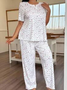 CottageSlumber Conjunto de pijama plus size romântico com blusa e calça de malha floral, conjunto de pijama floral feminino, conjunto de pijama floral rosa, conjunto de pijama de 2 peças, conjunto de pijama com flor de cerejeira - Branco - Ver 6