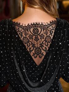 SHEIN Clasi Maglietta a maniche lunghe in velluto aderente da donna, maglietta in velluto nero autunno/inverno, maglietta nera per Capodanno, maglietta con glitter, top da festa per donna, top nero con strass, abito nero scintillante, abito con diamanti, abito di lusso per donna, Natale per donna, inverno per donna, comodo autunno e inverno per donna, Nuovo Anno, Ringraziamento per donna, abito elegante da festa, top con paillettes