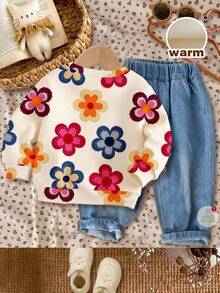 SHEIN Happikins Cream White, Cute Dopamine Applique Colorful Floral Pattern, Fall Vibes, Baby Girls Casual Loose Fit Crew Neck Comfortable Daily Soft Knit Long Sleeve Sweatshirt, Suitable For Autumn & Winter Wildflower Baby Clothes Baby Girl Warm Sets Baby Girl Clothes Spring Fall Fall Girl Clothes - Multicolor - View 2