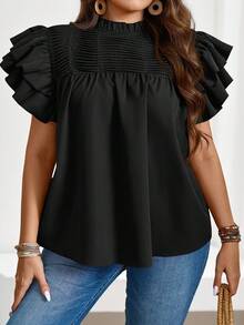 SHEIN LUNE Áo kiểu tay ngắn hai lớp cỡ lớn, đính sequin, thích hợp cho tiệc tùng hoặc dịp lễ. - màu đen - Xem 3