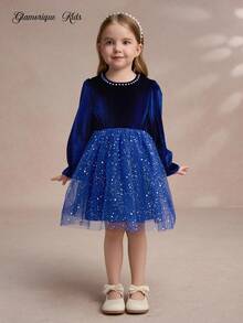 Glamorique Kids Robe pour jeunes filles, robe de mariage, robe en velours, vêtements de Noël, robe d'anniversaire, robes d'hiver - bleu indigo - Voir 3