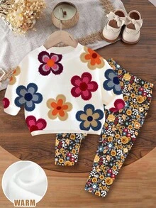 Emery Rose Kids Emery Rose Kids 2 件女婴休闲可爱纹理碎花柔软厚圆领长袖运动衫和花卉图案打底裤套装，适合秋冬季 - 彩色 - 查看 3