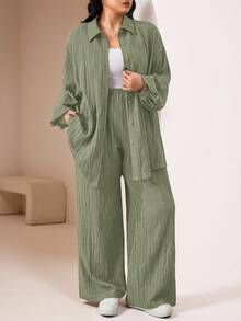 Veilorie 2pcs Plus Size Plain Front Button Long Sleeve Casual Blouse And Pants Set 2 Pieces Set - Green - View 3