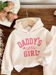 SHEIN 爸爸的小女孩印花女婴 2 件套衣服套装柔软针织连帽衫运动衫和宽松裤子，休闲