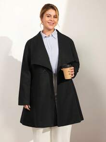 Momelise 大码女式长款大衣，修身剪裁，时尚翻领大衣 - 黑色 - 查看 3