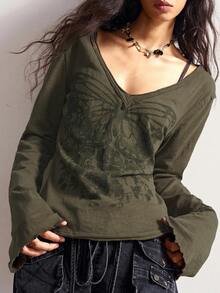 Bohemela Lässiges, locker sitzendes Langarm-Oversize-T-Shirt für Damen in Große Größen, Streetwear - Armeegrün - Übersicht 4