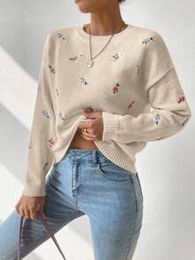 EMERY ROSE 女士花卉刺绣圆领落肩长袖休闲宽松毛衣，秋季 - 杏色 - 查看 4