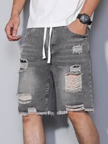 Manfinity Homme 男士灰色破洞牛仔百慕大短裤，哥特朋克风格，破洞牛仔短裤，男士，emo 风格 - 灰色 - 查看 1