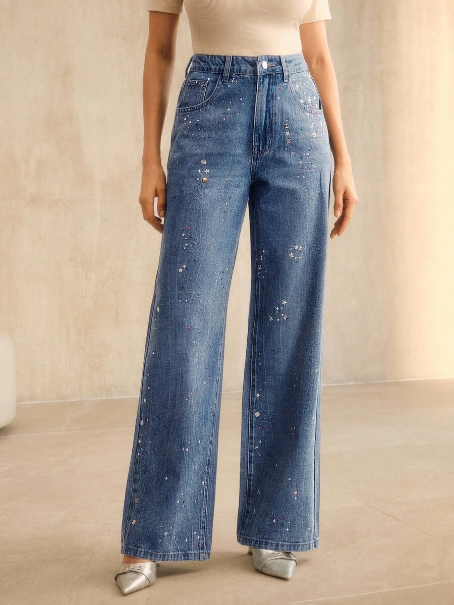 Anewsta Fashionable Rhinestone Embellished Straight Leg Blue Jeans For Women - Blue - View 1