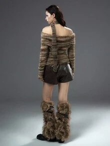 Bloopia Bohemian Style Asymmetrical Colorblock Women's Autumn/Winter Halloween New Sexy Tassel Scarf Two Pieces Mixed Textile Yarn One-Shoulder Turndown Collar Long Sleeve Pullover Knit Top - Olive Green - View 7