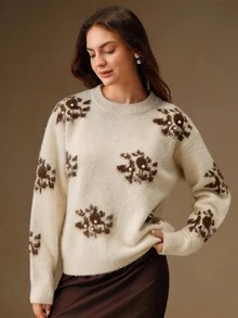 Anewsta 女士复古铆钉珍珠提花花卉针织毛衣、外套 - 奶油色 - 查看 4