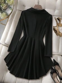 Franclia Women's Solid Color Lapel NeckPuff Sleeve Ruffle Hem Elegant Blazer Jacket, Autumn - Black - View 2