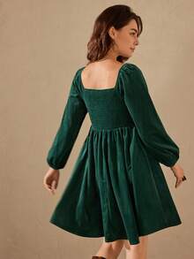 Wildy Fall Dress Long Sleeve Women's Casual Vintage Solid Color Mini Dress Dark Green Dress Square Neck Dress Lantern Sleeve Dress Corduroy Dress Forest Green Dress Graduation Dress For Women Winter Dresses For Women Elegant Dress - Dark Green - View 2