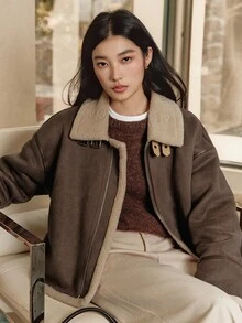Dazy-Less 女士时尚百搭常规款夹克，秋冬季保暖内衬女式外套 - 棕色 - 查看 6