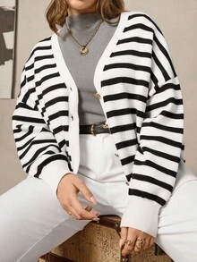 Zelara 大码纽扣落肩开衫、休闲条纹开衫、商务休闲女装、度假装、乡村风格上衣优雅女士开衫休闲日常装、通勤简约办公室复古开衫、日常通勤和户外必备品、海军风女士秋季服装女士冬季服装通勤、极简主义 - 黑與白 - 查看 7