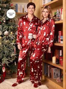 Manfinity 圣诞情侣图案印花仿丝绸睡衣套装，男士秋冬情侣睡衣套装，圣诞情侣睡衣 - 酒紅色 - 查看 7